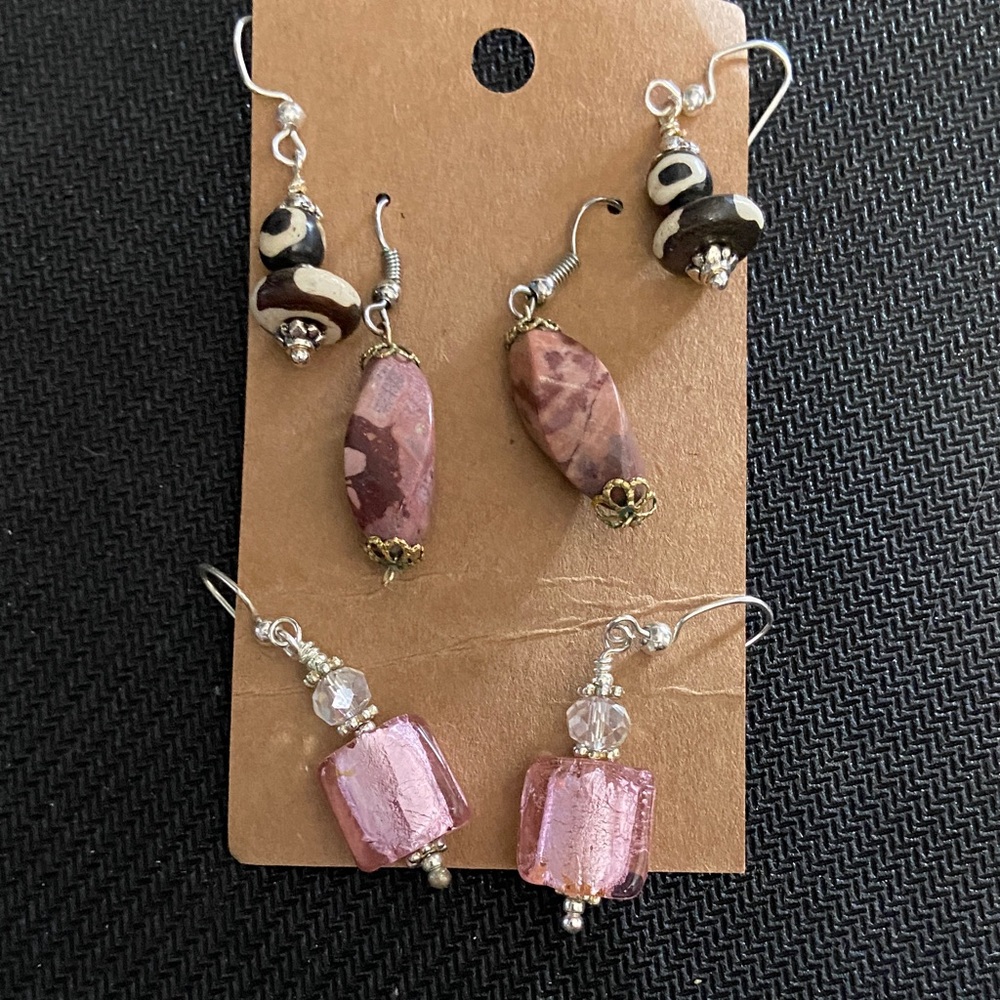 3 pairs of Elegant Pink and Brown Beaded Earrings Set